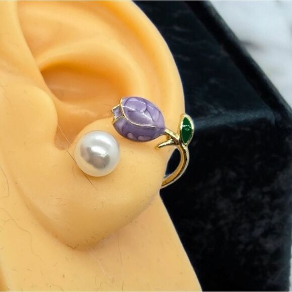 Purple Tulip Pearl Ear Jackets Wrap Earrings Wedding Bridal Bride Formal Jewelry - Picture 6 of 8